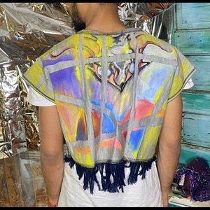 Hand painted unisex denim vest zipper fringe DID gender neutral OS hand sewn